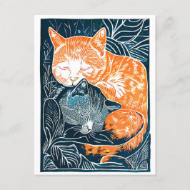 Cartão Postal Linocut Black e Red Cat Cuddling em um Bush