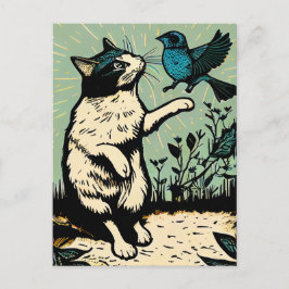 Cartão Postal Linocut Cat Tentando pegar um pássaro