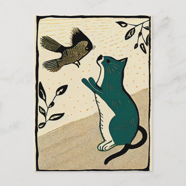 Cartão Postal Linocut Cat Tentando pegar um pássaro (Frente)
