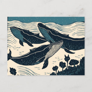 Cartão Postal Linocut de Arte Moderna de Três Baleias Azuis Insp