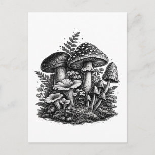 Cartão Postal Linocut de cogumelos florestais vintage