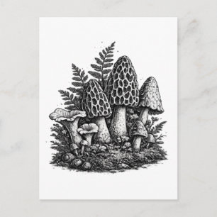 Cartão Postal Linocut de cogumelos florestais vintage