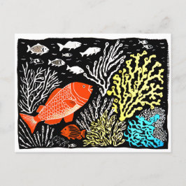 Cartão Postal Linocut de peixes vermelhos nadando no recife de c
