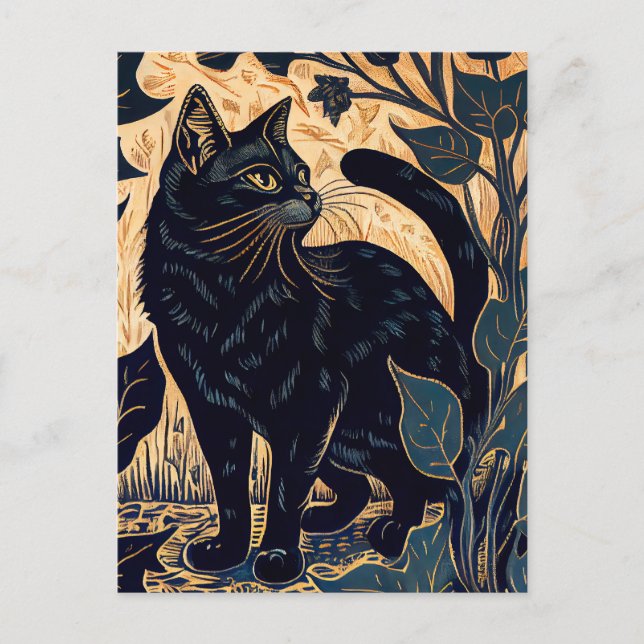 Cartão Postal Linocut de um Gato Preto Entre Plantas com Fundo A (Frente)