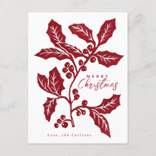 Cartão Postal Linocut holly trabalho de arte de Natal Criado à m