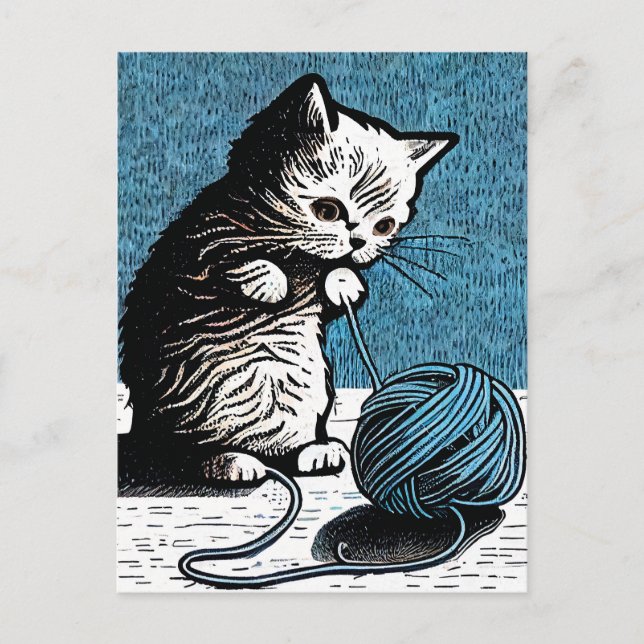 Cartão Postal Linocut Kitten Brincando com uma Bola de Fios (Frente)