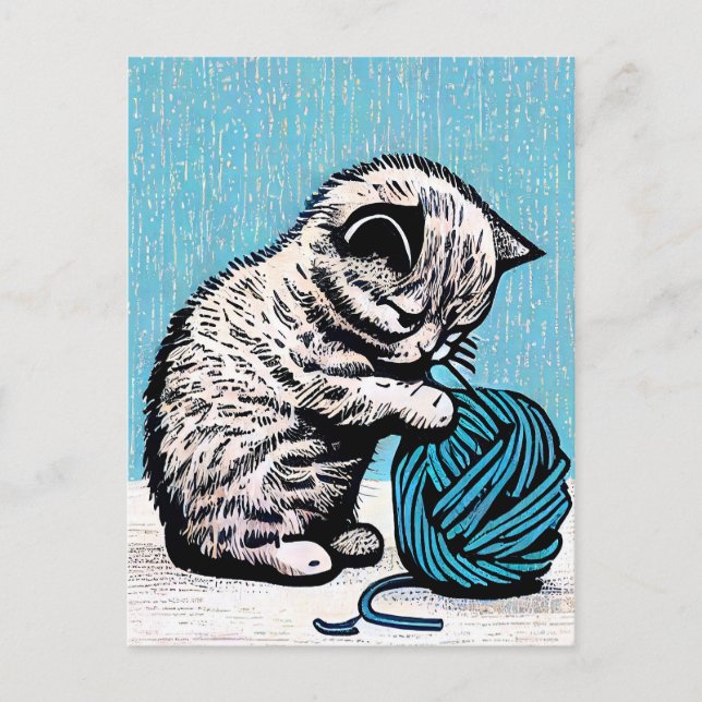 Cartão Postal Linocut Kitten Brincando com uma Bola de Fios (Frente)