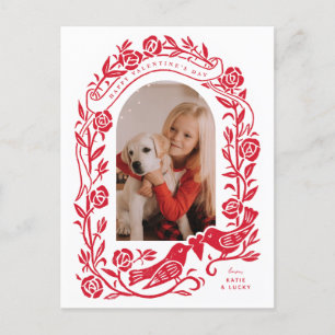 Cartão Postal Linocut lovebird e rosa