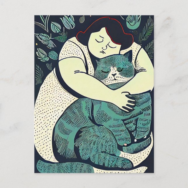 Cartão Postal Linocut Voluptututut Mulher segurando um gato gran (Frente)