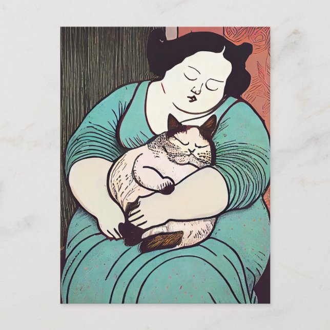 Cartão Postal Linocut Voluptututuuan segurando um gato (Frente)