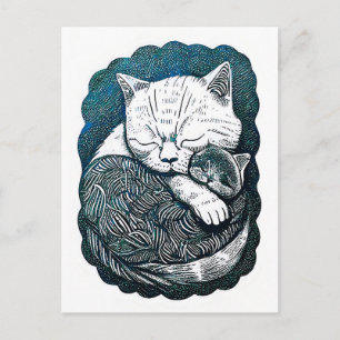 Cartão Postal Linocut White e Black Cat Dormindo juntos