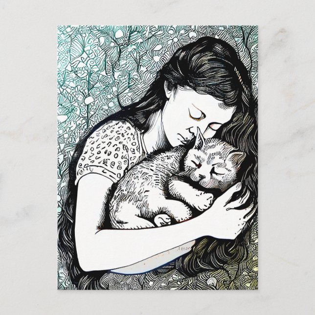 Cartão Postal Linocut Young Woman segurando um gato (Frente)