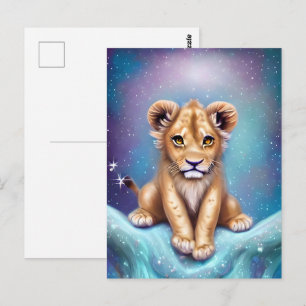 Cartão Postal Lion Cubo Cubo Bonito Fundo de Neve