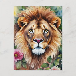 Cartão Postal Lion Watercolor Arte Floral