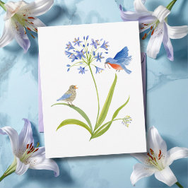 Cartão Postal Lírio Africano com Mãe e Filhote de Pássaro Azul
