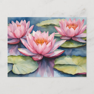 Cartão Postal Lírios de água cor-de-rosa aquarela no lago