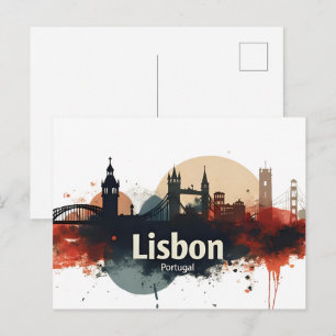 Cartão Postal Lisboa Portugal aguarela paisagem urbana - Arte de