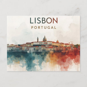 Cartão Postal Lisboa Portugal aguarela silhueta - Arte de Viagem