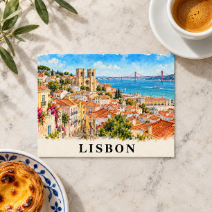 Cartão Postal Lisboa Portugal Aquarela Paisagem Urbana Viagem