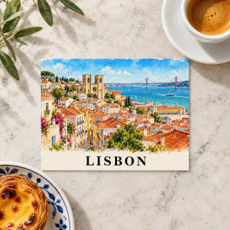 Cartão Postal Lisboa Portugal Aquarela Paisagem Urbana Viagem