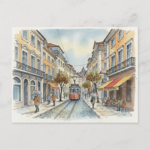 Cartão Postal Lisboa Portugal Bonde Amarelo na rua Viagem