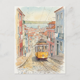 Cartão Postal Lisboa Portugal Clássico Viagem de Tram Amarelo