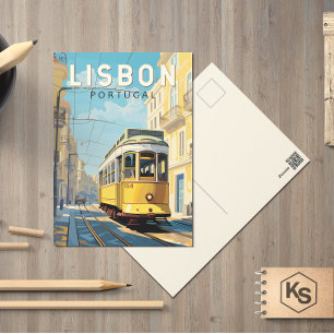 Cartão Postal Lisboa Portugal Tram Amarelo Arte de Viagem Vintag