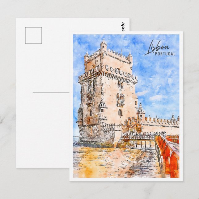 Cartão Postal Lisboa Portugal Viagem Place Watercolor (Frente/Verso)