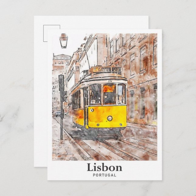 Cartão Postal Lisboa Portugal Watercolor - Desenhado (Frente/Verso)