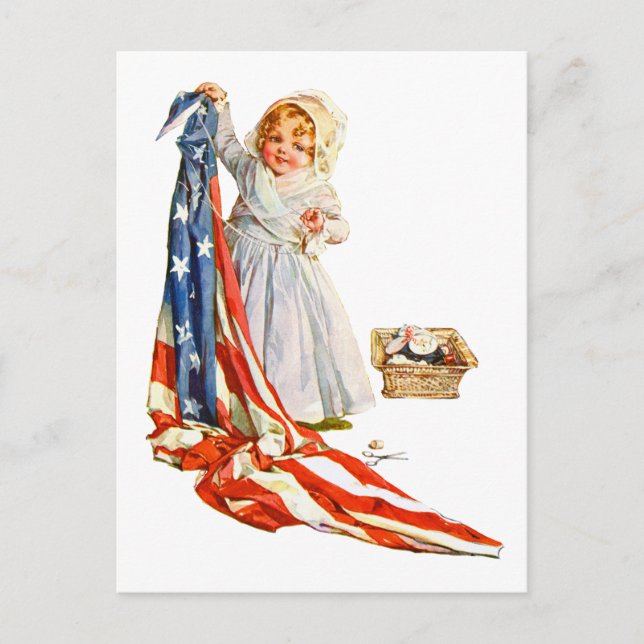 Cartão Postal Little Betsy Ross e a bandeira americana (Frente)