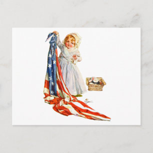Cartão Postal Little Betsy Ross e a bandeira americana