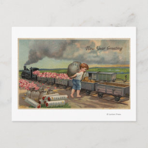 Cartão Postal Little Boy jogando dinheiro no trem