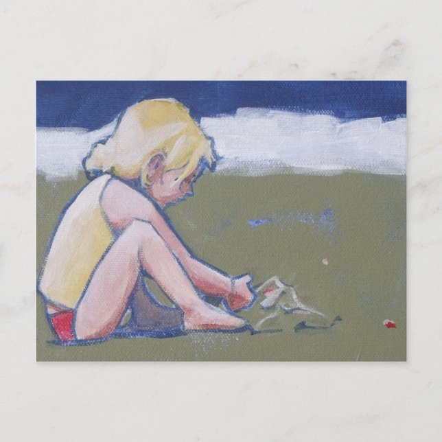 Cartão Postal Little Girl on Beach tocando areia (Frente)