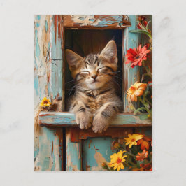 Cartão Postal Little Kitten Sleeping in Garden Shed with Bloomin