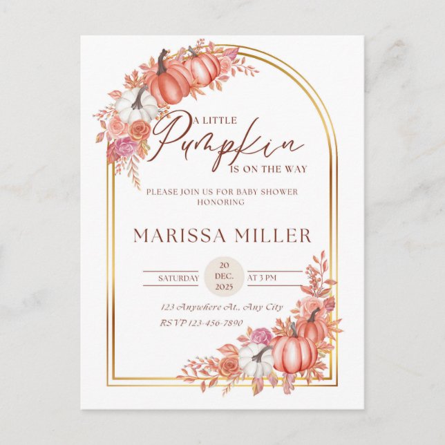 Cartão Postal Little Pumpkin Is On the Way Invitation  (Frente)