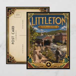 Cartão Postal Littleton New Hampshire Arte Deco Vintage Dourado