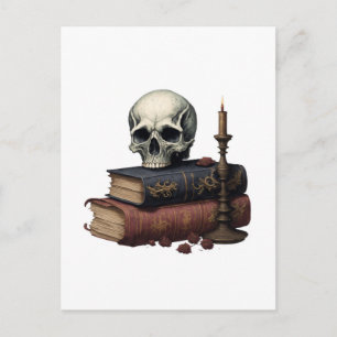 Cartão Postal Livros e Caveira e Vela de Halloween