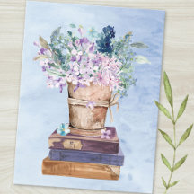 Livros e Flores de Arte Roxo Azul