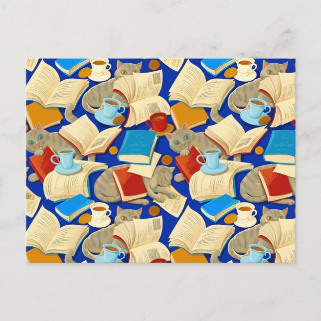 Cartão Postal Livros e gatos em azul (Frente)