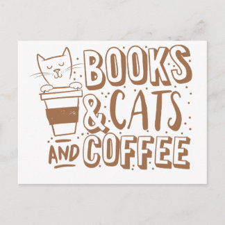 Cartão Postal livros, gatos e café