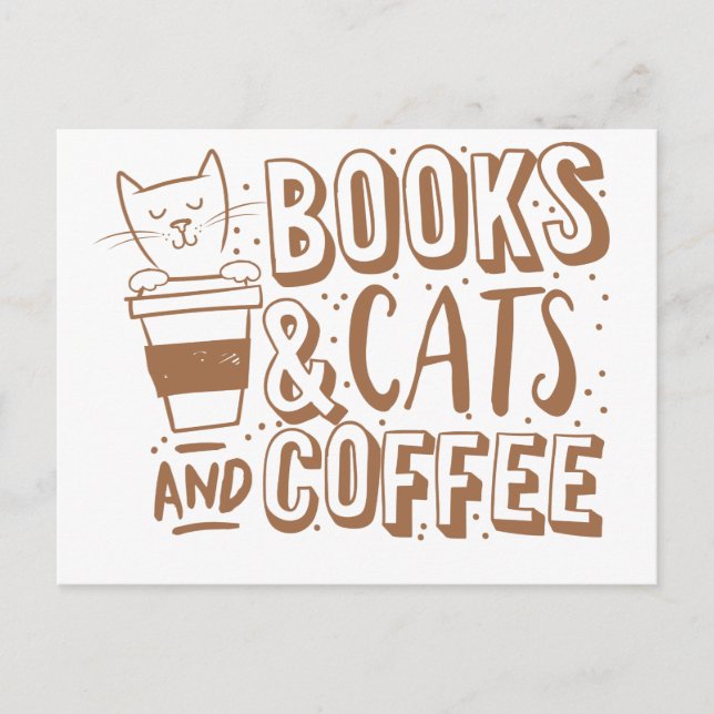 Cartão Postal livros, gatos e café (Frente)