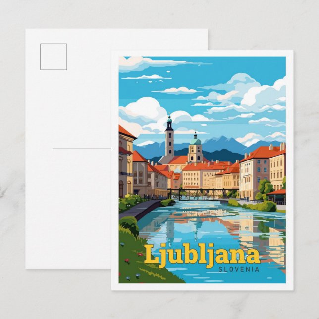 Cartão Postal Ljubljana Eslovênia Viagem Art Vintage Ilustração (Frente/Verso)