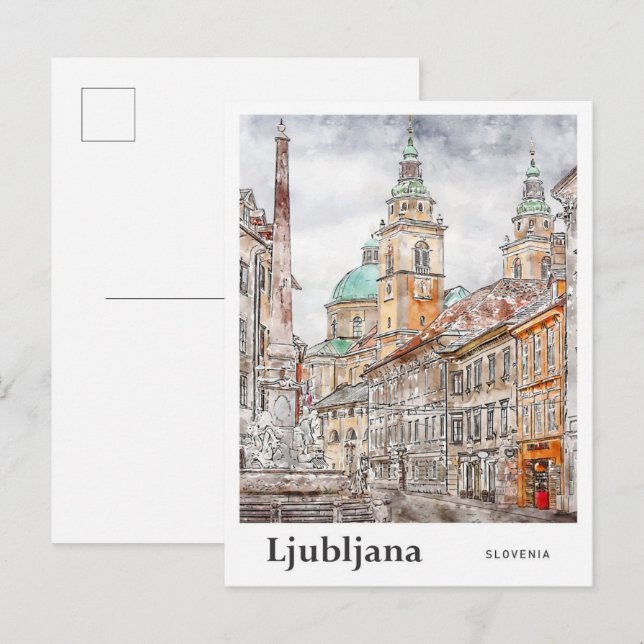 Cartão Postal Ljubljana Eslovênia Viagem Watercolor (Frente/Verso)