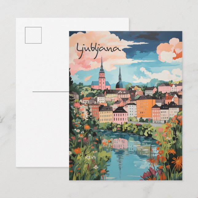 Cartão Postal Ljubljana Slovenia Travel City Painting Aesthetic (Frente/Verso)