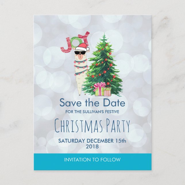 Cartão Postal Llama em Bokeh Prateado e Save the Date em Azul Gé (Frente)