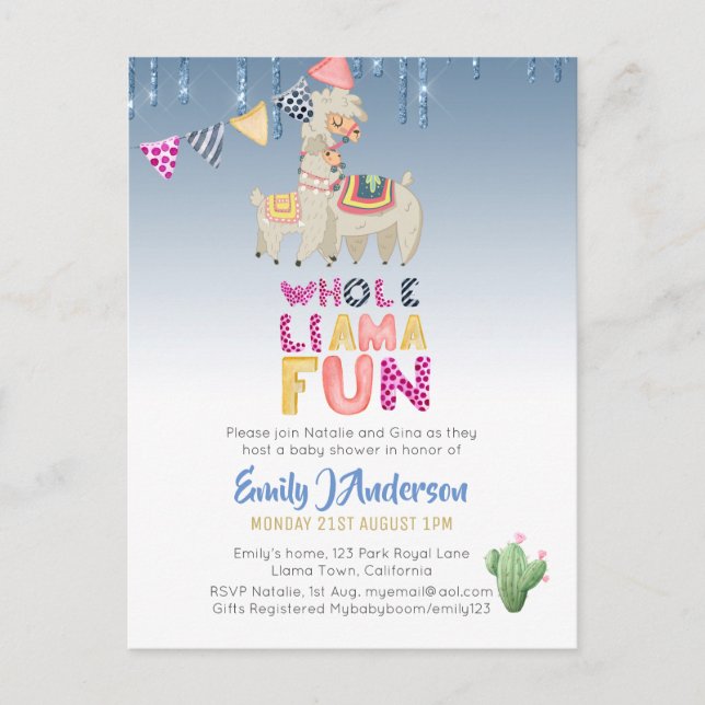 Cartão Postal Llama Mama Baby Fiesta Cactos Diversão Moderna Gar (Frente)
