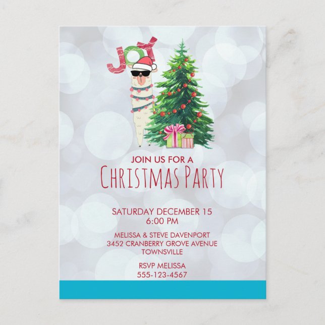 Cartão Postal Llama no Prata Bokeh e Icy Blue Christmas Party (Frente)