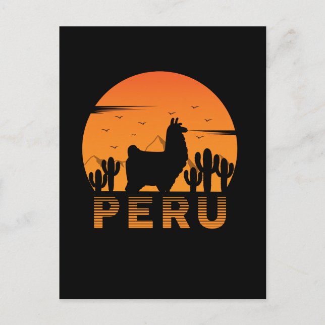 Cartão Postal Llama Retro Peru Cacto Pôr do Sol (Frente)
