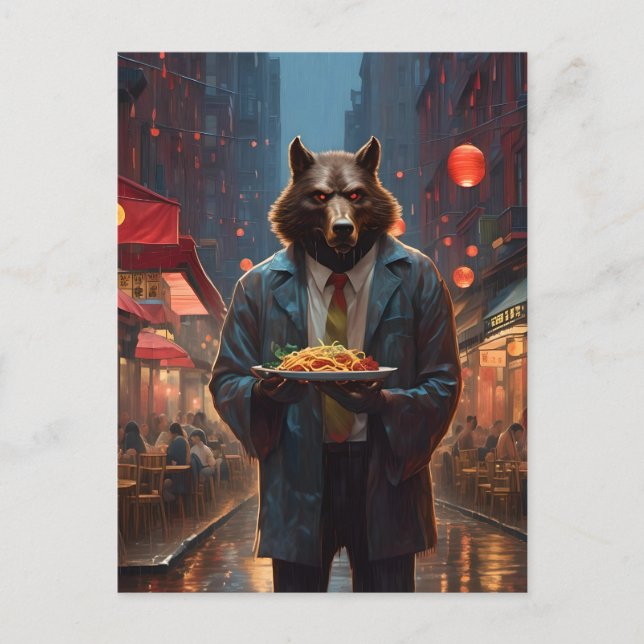 Cartão Postal lobisomem com um prato grande de carne de vaca (Frente)