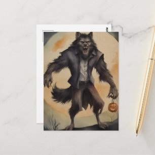 Cartão Postal Lobisomem de Halloween em aquarela
